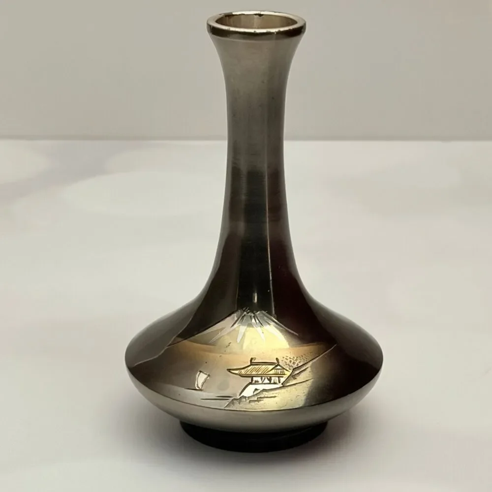 Japan Mixed Metal Bud Vase Etched Mt Fuji Pagoda Scene 4.5 Inch